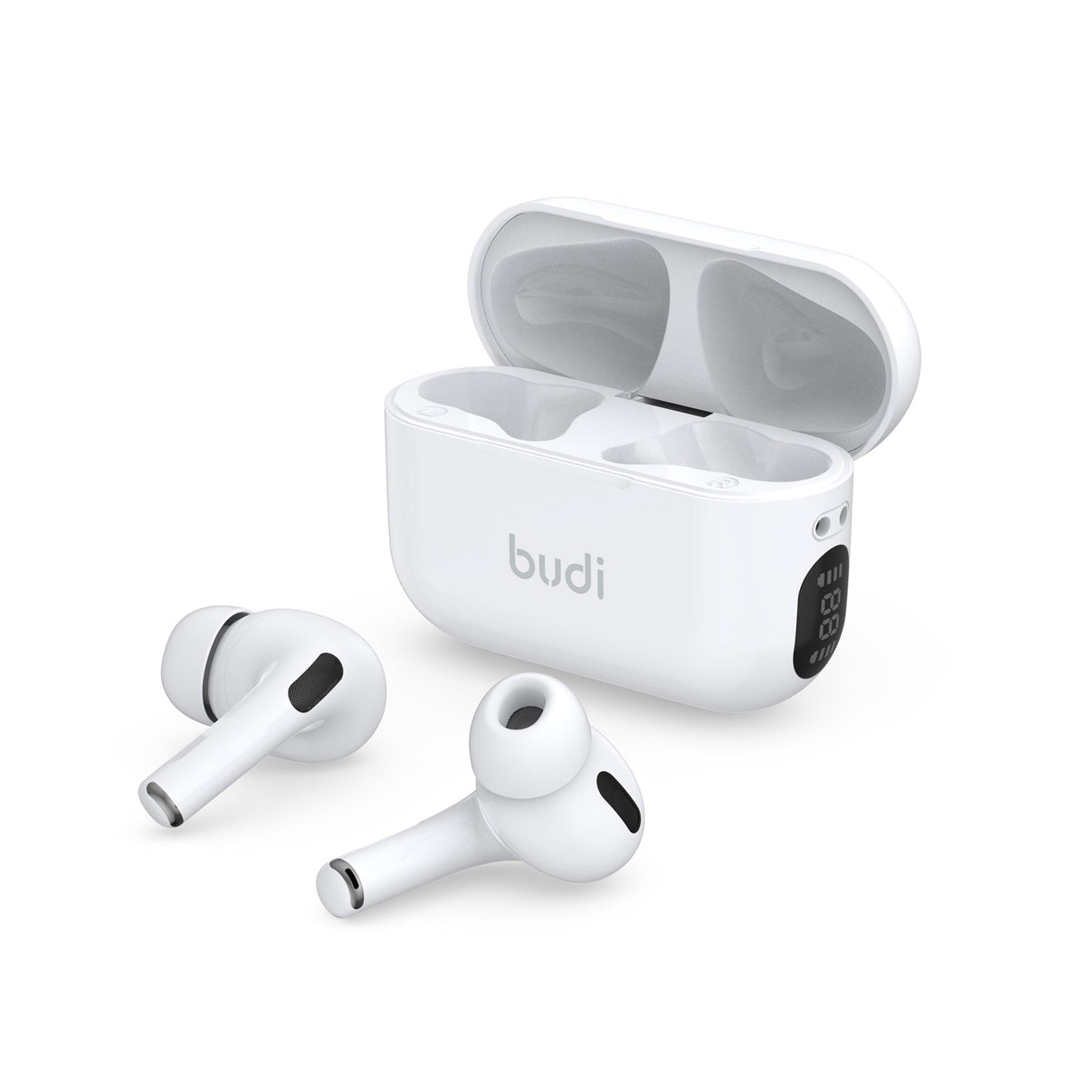 White wireless earbuds with charging case on a white background, branded 'budi'.