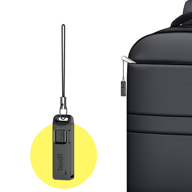Budi SIM ejector pin tool and key chain, black, attached to bag