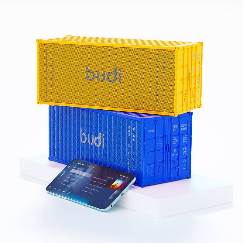 budi Container Speaker with tablet showing app interface