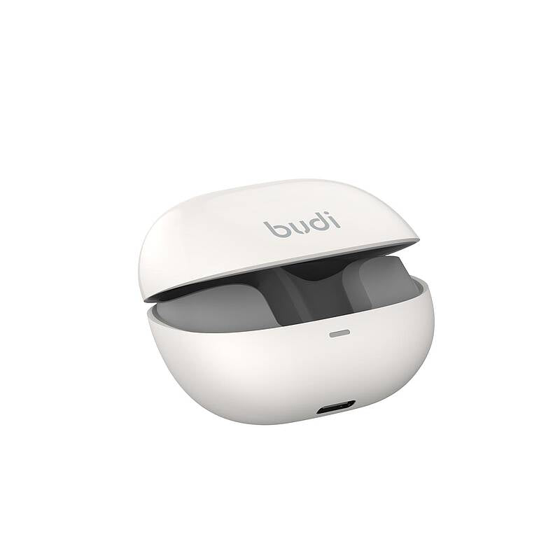 White budi charging case slightly open, side view on white background