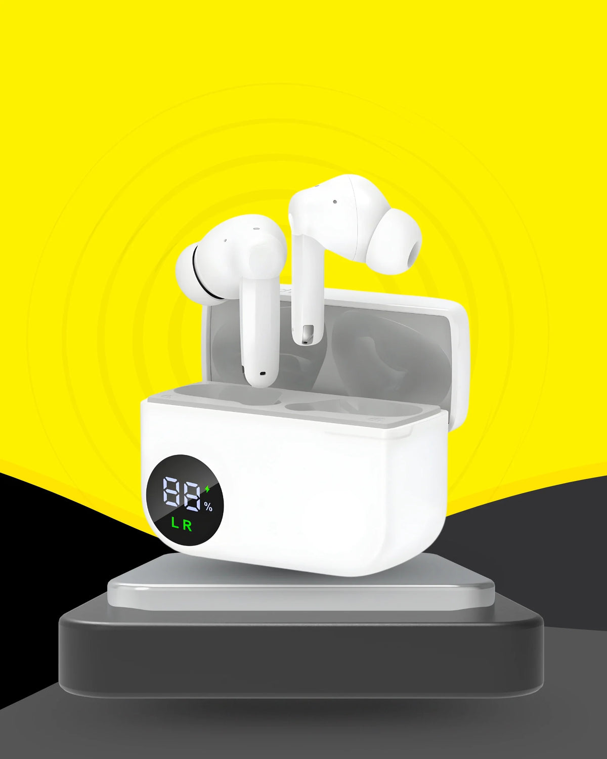 White wireless earbuds with charging case on a black and yellow background