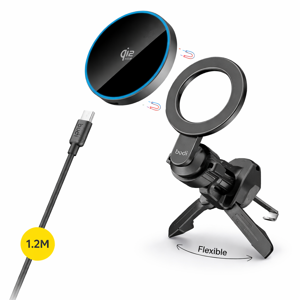 budi 2 in 1 Mag-E Qi2 Ultra Car Charger