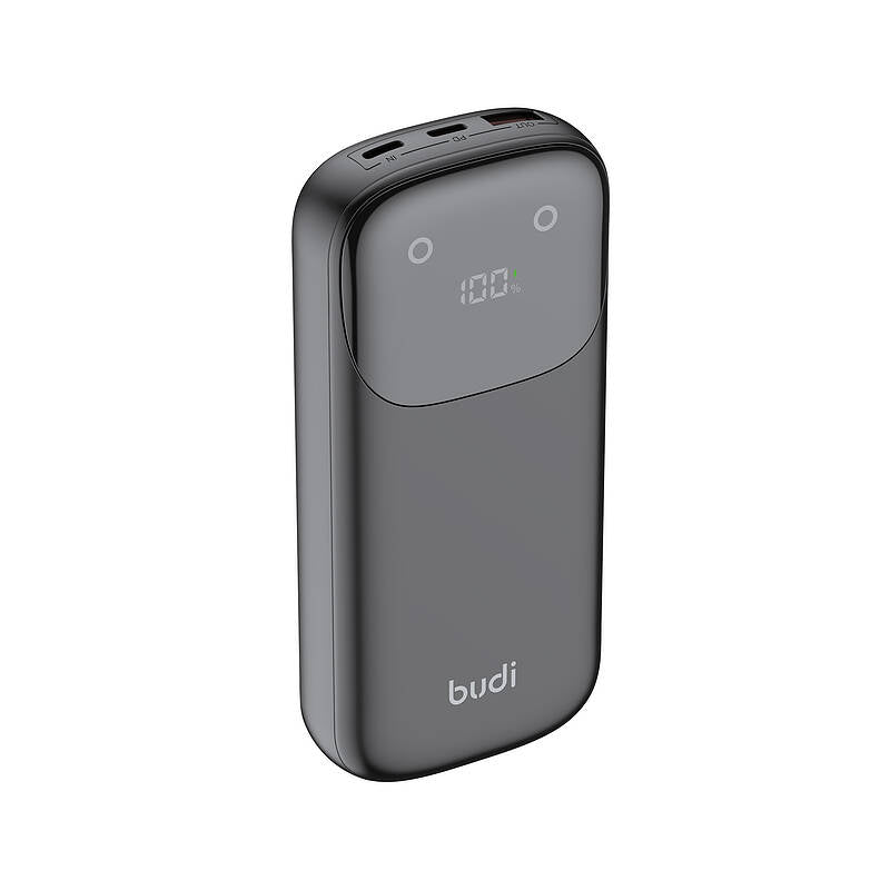 Budi 20,000mAh power bank with digital battery percentage display, front branding view