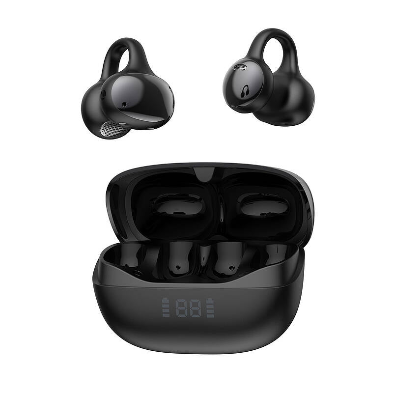 Black wireless earbuds with charging case on a white background