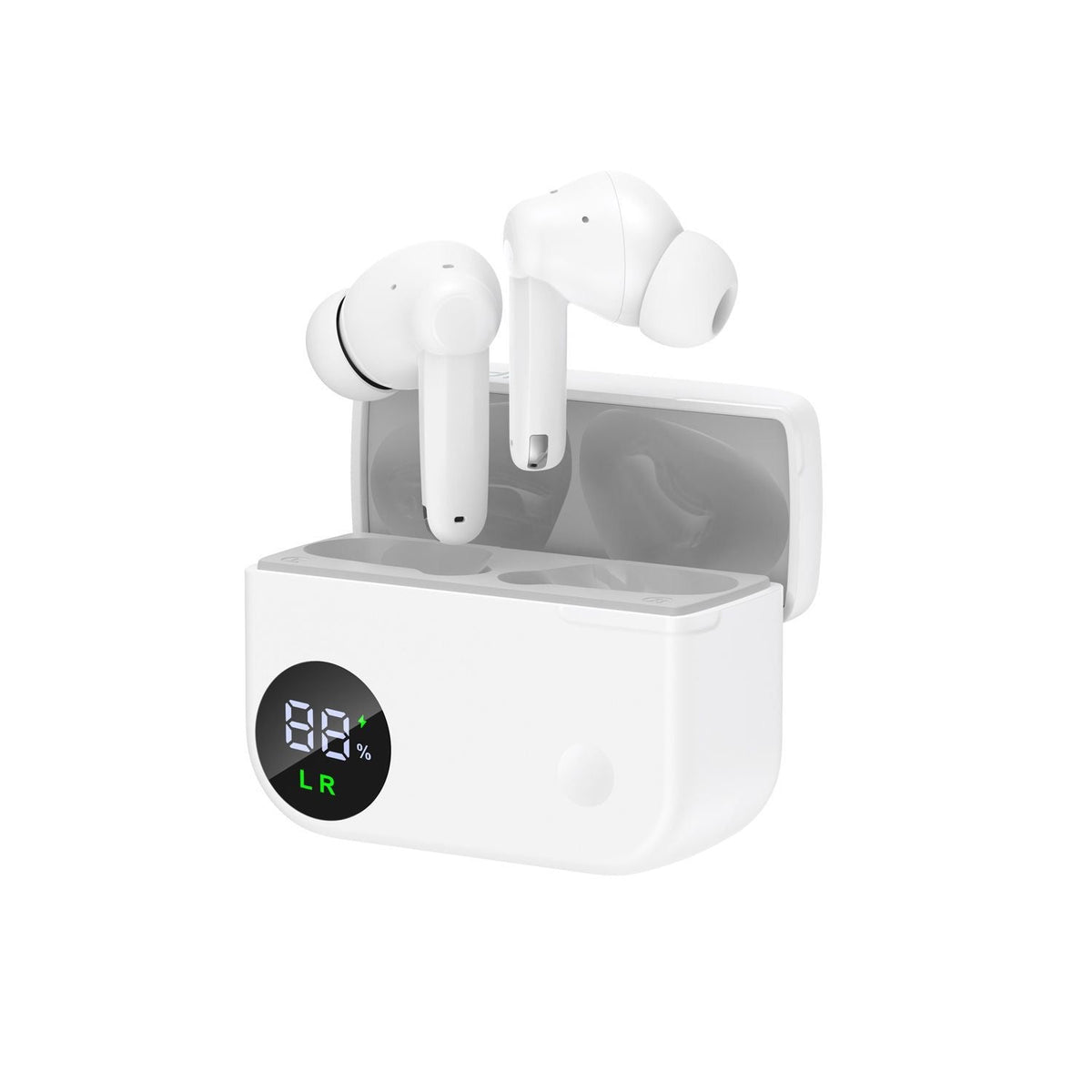 White wireless earbuds with charging case on a white background