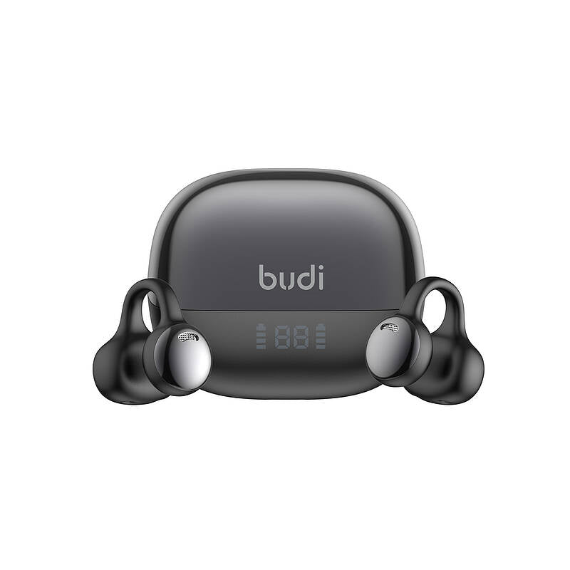 Black wireless earbuds with charging case on a white background, featuring the brand 'budi'.