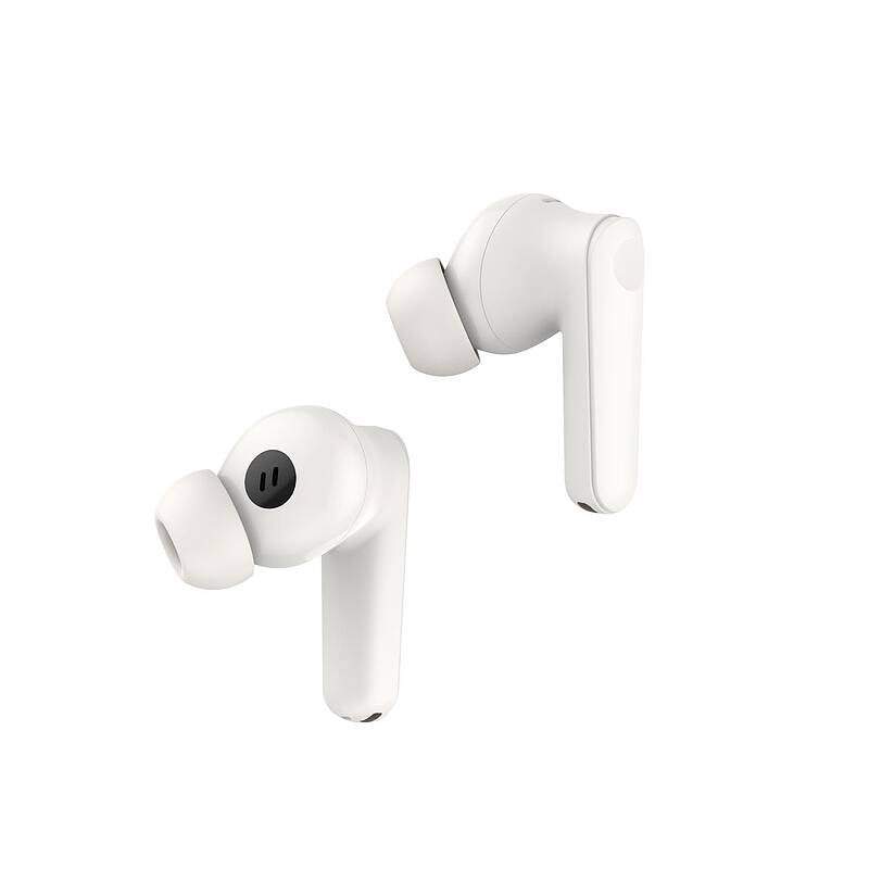 White wireless earbuds standing upright on a white background