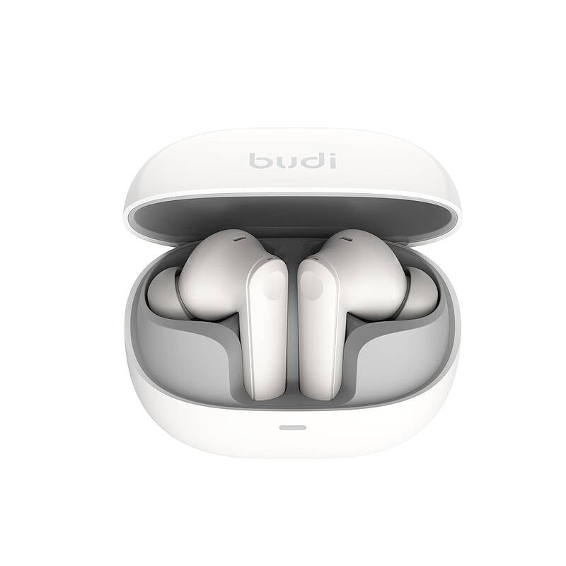 White wireless earbuds in open charging case, front view on white background