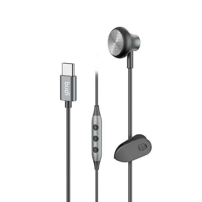 budi Type-C wired sport earphones with ear hook and in-line mic, gunmetal, for workouts and runs