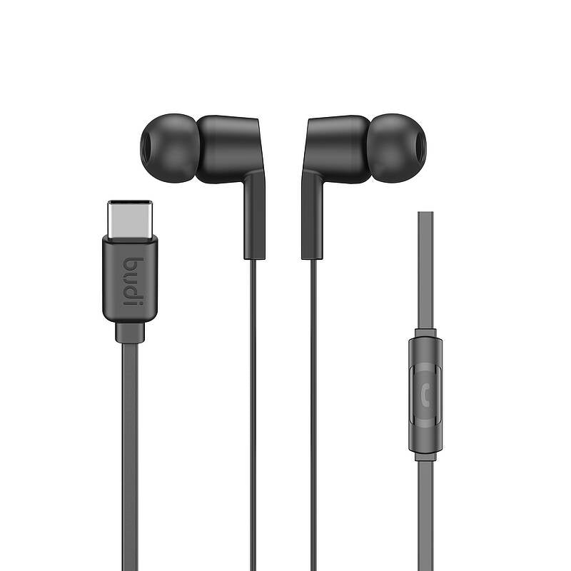Black earphones with USB-C connector on a white background