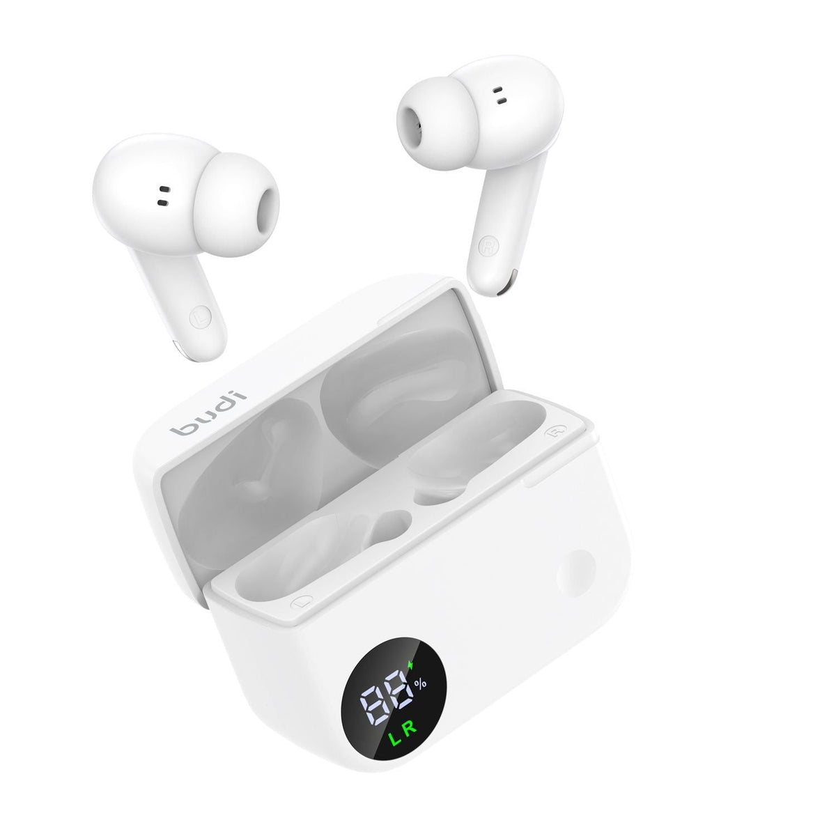 White wireless earbuds with charging case on a white background