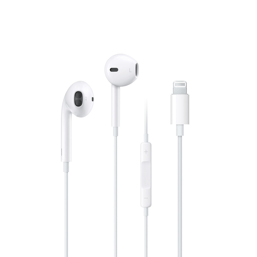 White earphones with Lightning connector on a white background