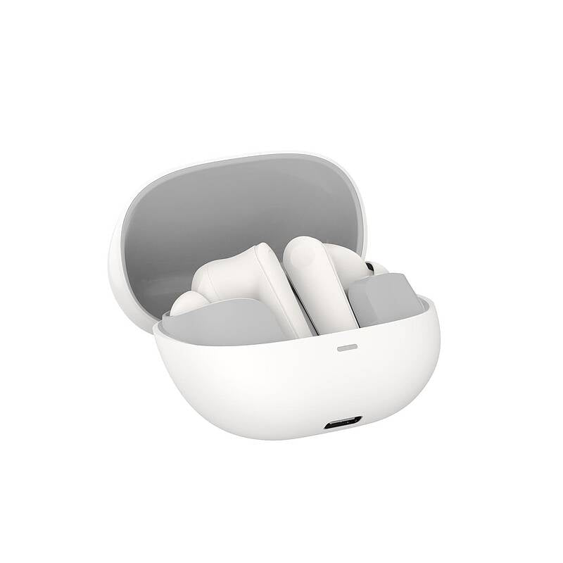 White wireless earbuds in an open charging case on a white background