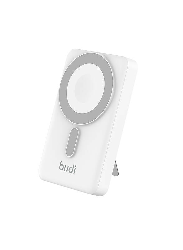 Budi white MagSafe wireless charger with fold-out stand