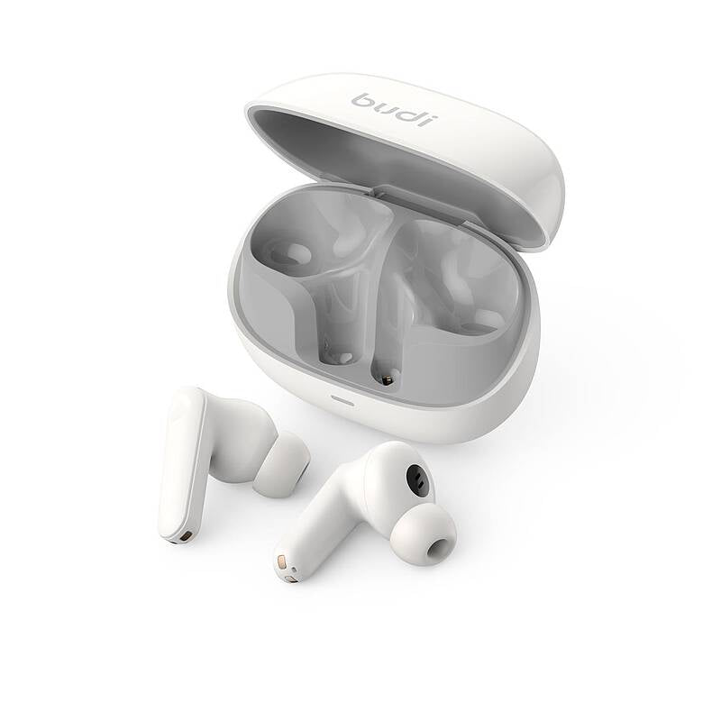 White wireless earbuds with open charging case and earbuds removed, on a white background