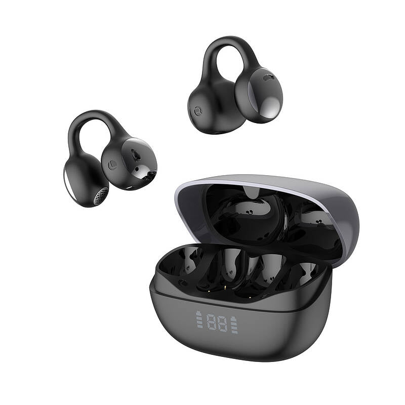 Black wireless earbuds with charging case on a white background