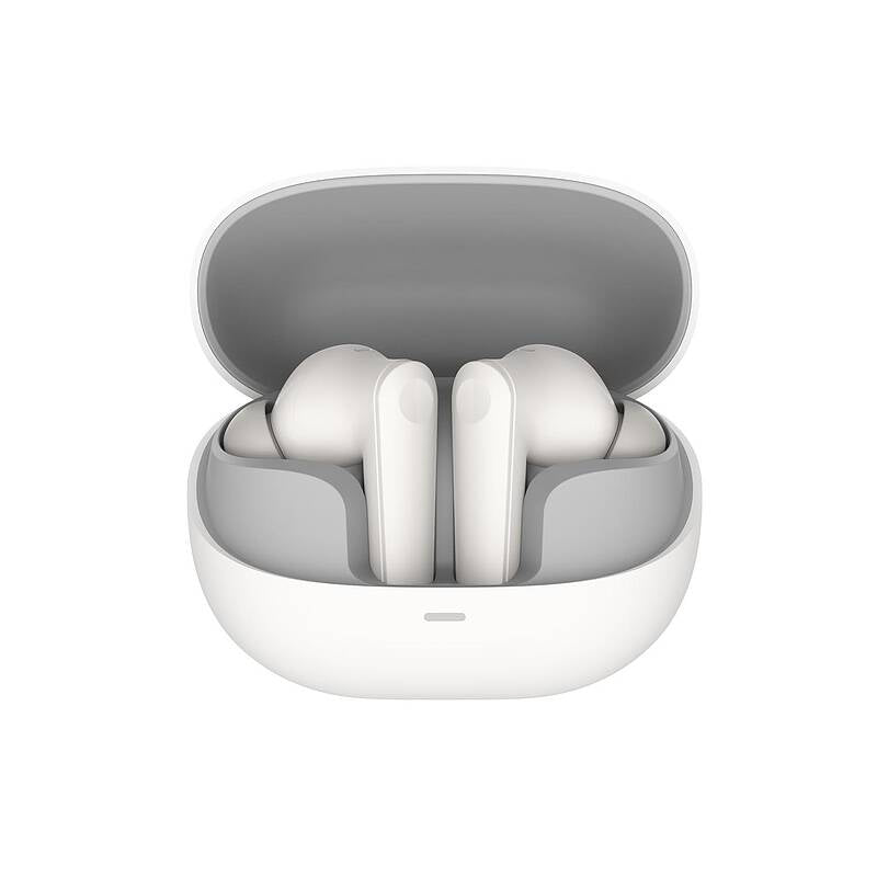 White wireless earbuds in an open charging case on a white background