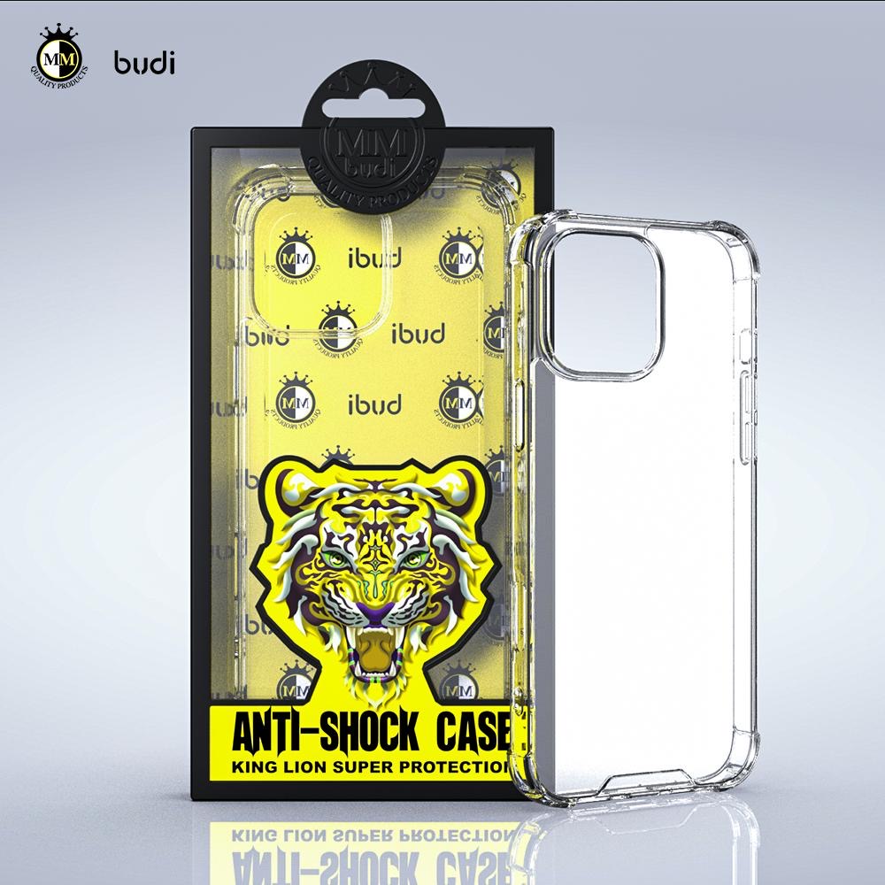 Clear phone case with tiger design and 'budi' branding, displayed with packaging.