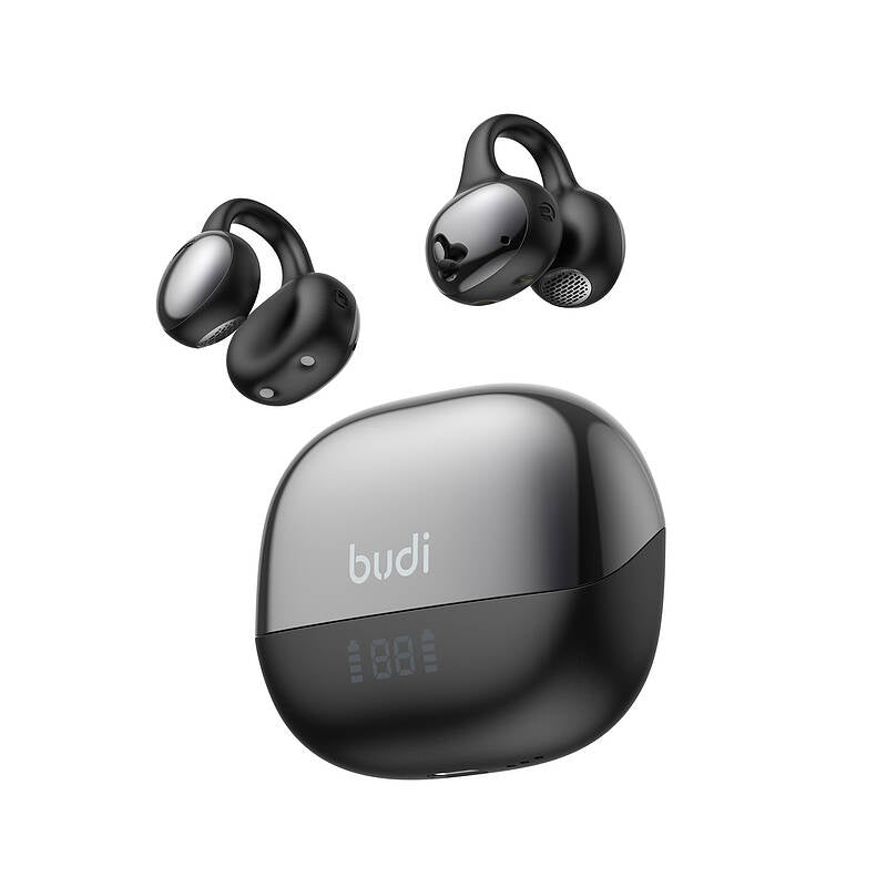 Black wireless earbuds with charging case on a white background, featuring the brand 'budi'.