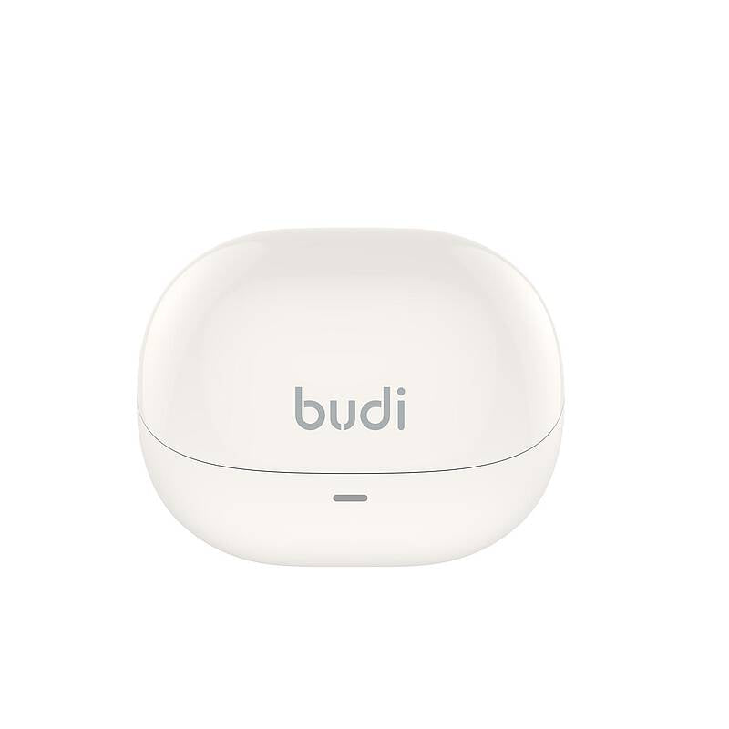 White budi charging case closed, on a white background