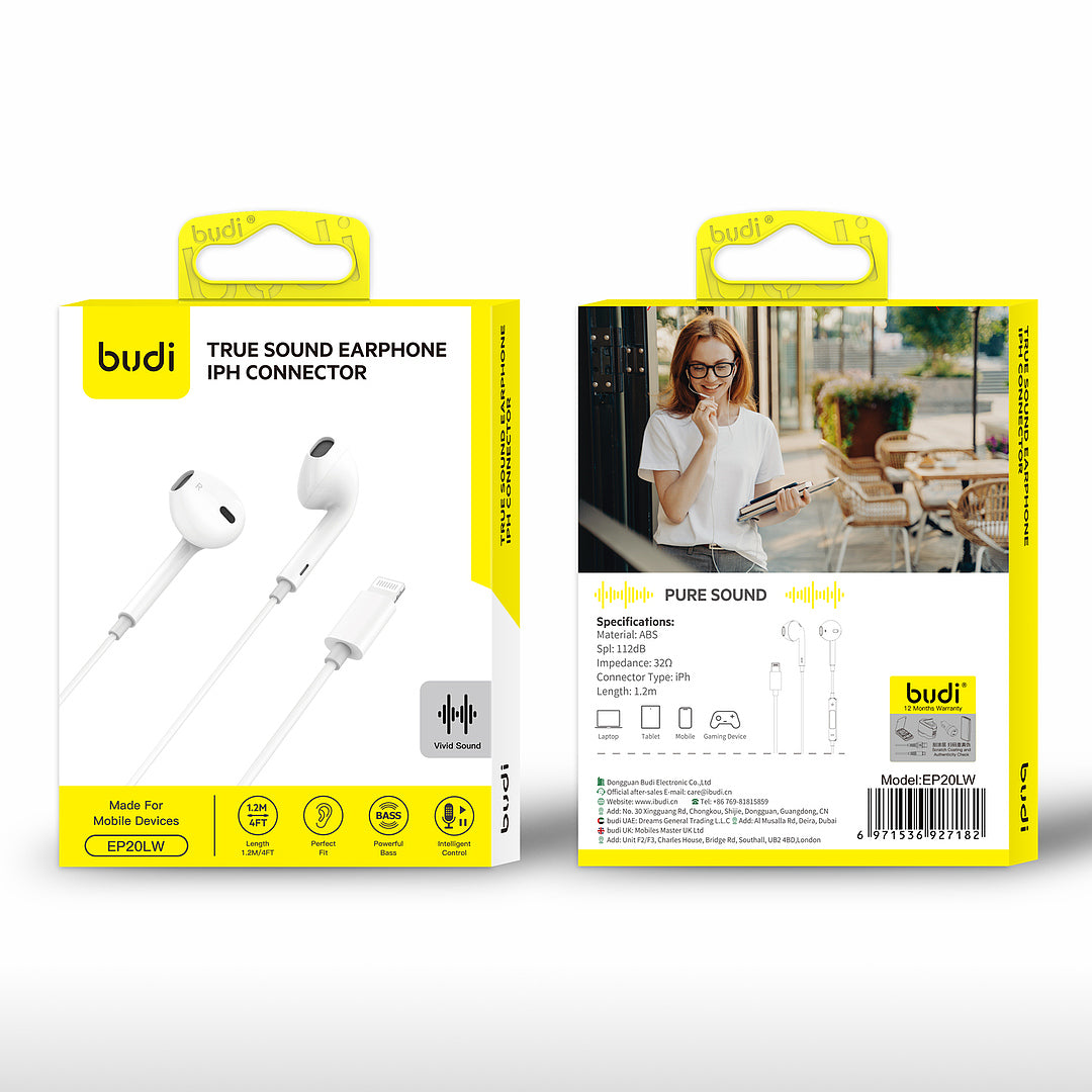 Budi True Sound Earphone packaging with earphones and product details on a white background