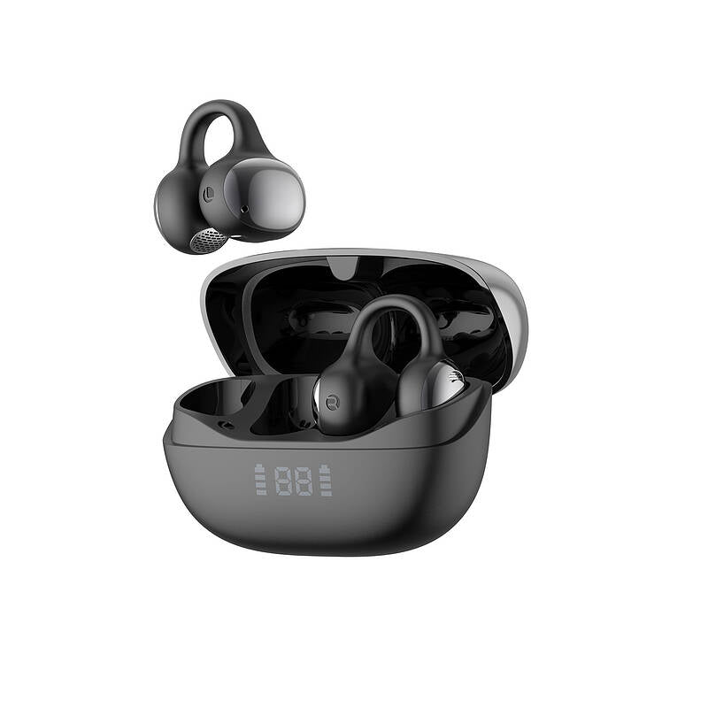 Black wireless earbuds with charging case on a white background