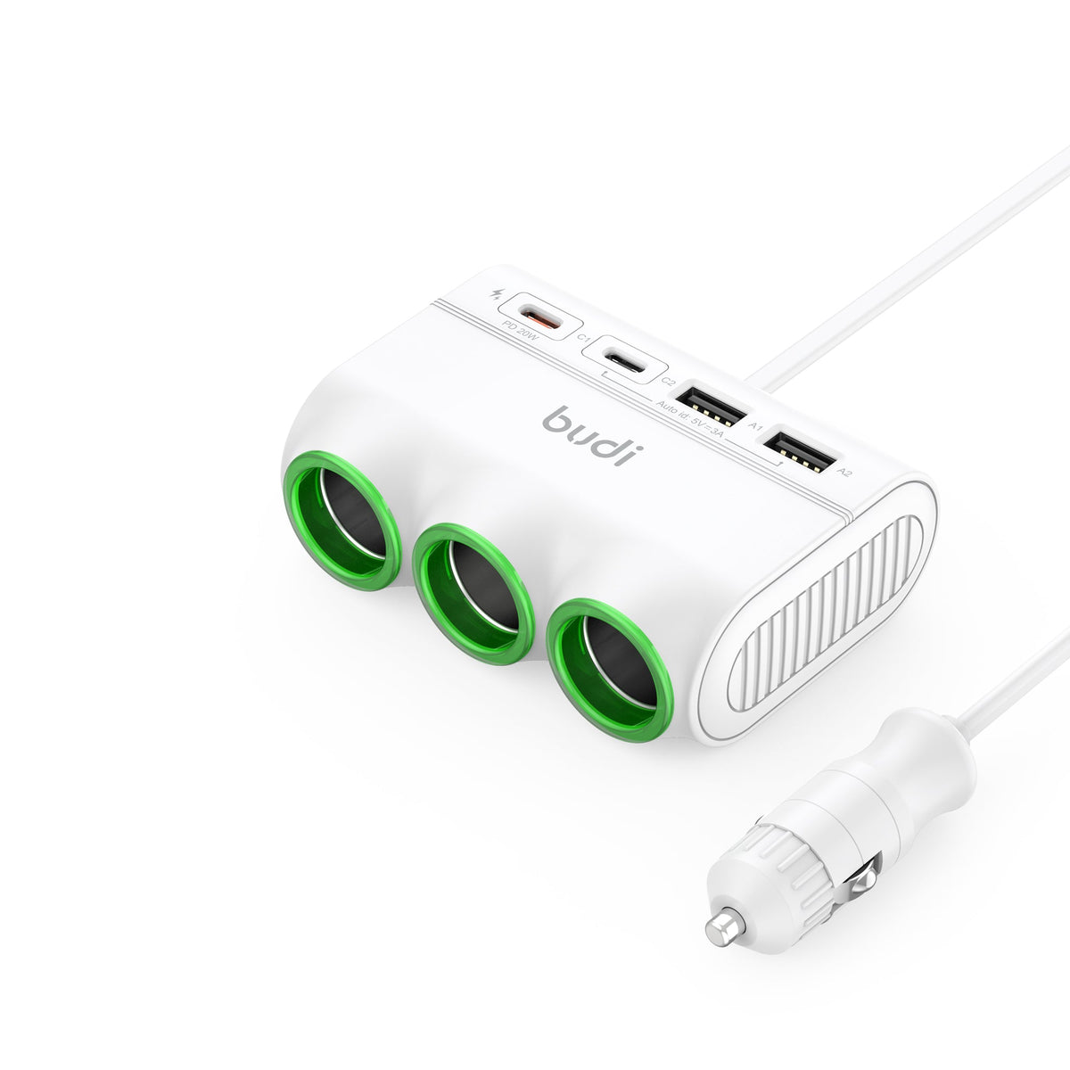 budi 7 in 1 Car Socket Splitter With 20W PD/15W USB Charger