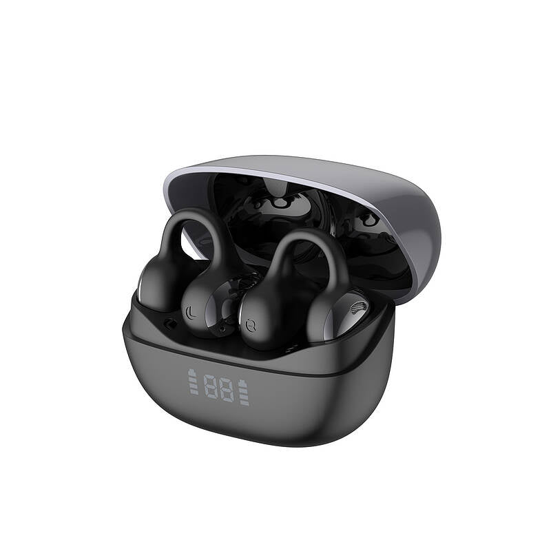Black wireless earbuds with charging case on a white background