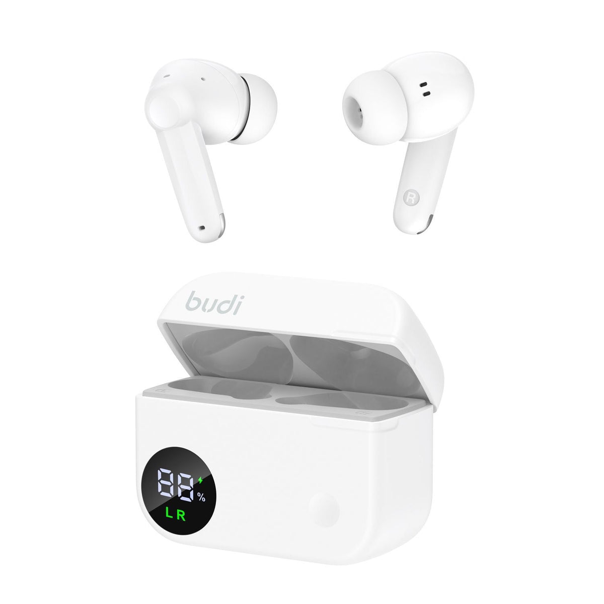 White wireless earbuds with charging case on a white background, featuring the brand 'budi'.