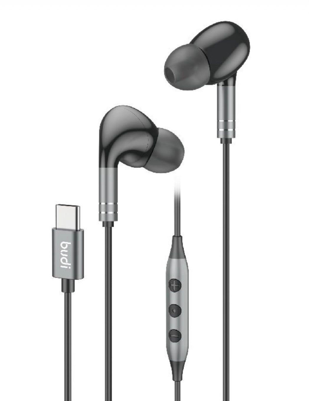 Pair of black earphones with a USB-C connector on a white background