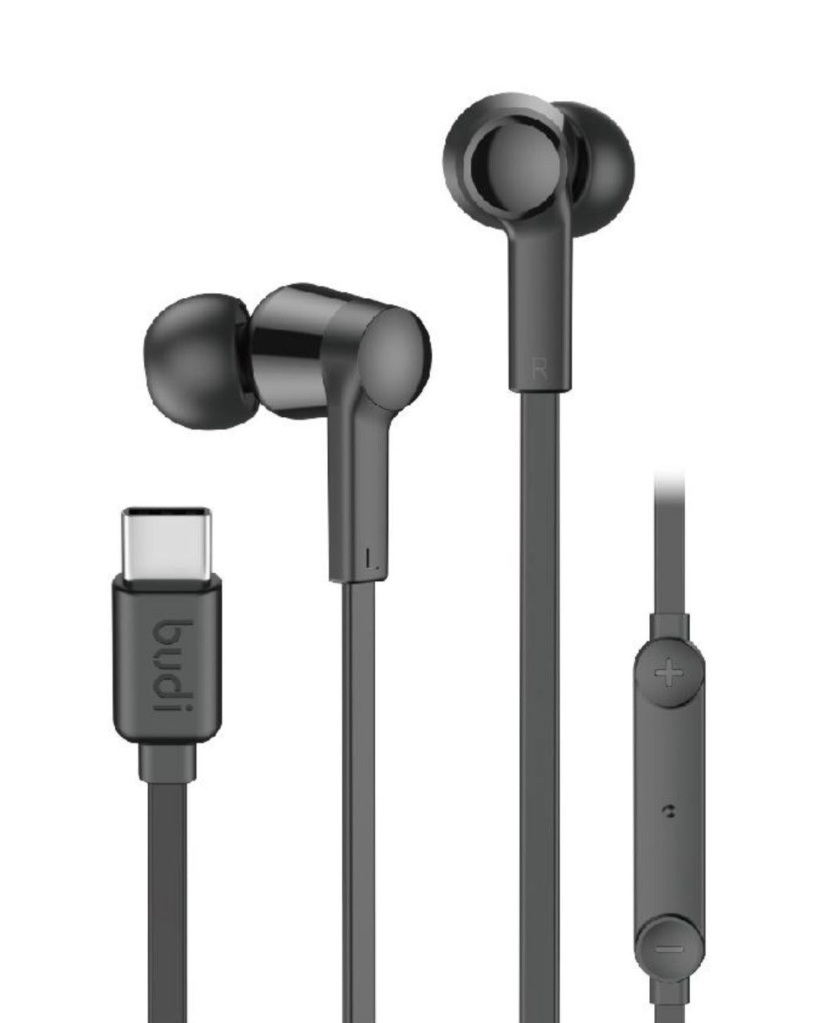 Black earphones with USB-C connector on a white background