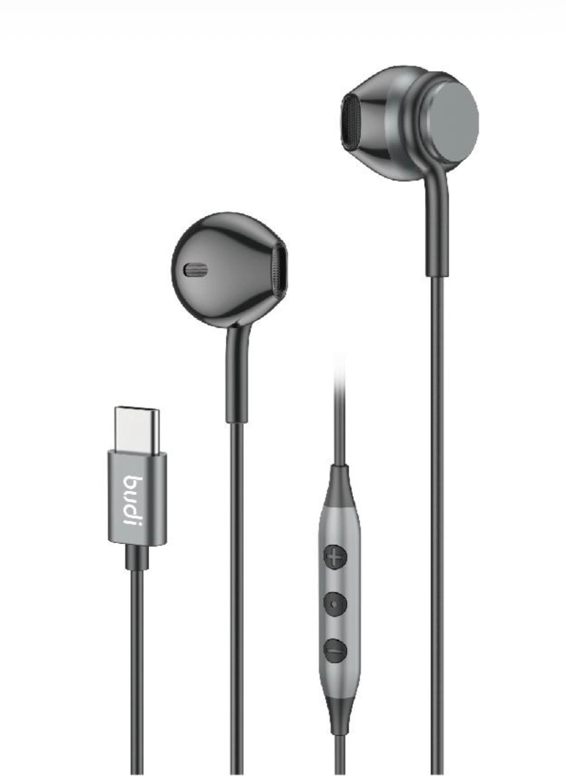 Pair of gray earphones with a USB-C connector on a white background