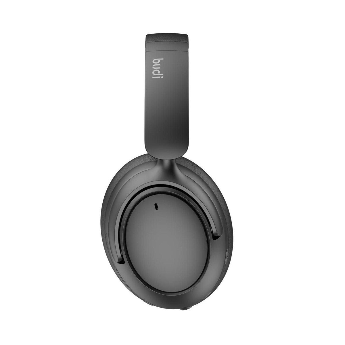 Black over-ear headphones with 'budi' branding on a white background