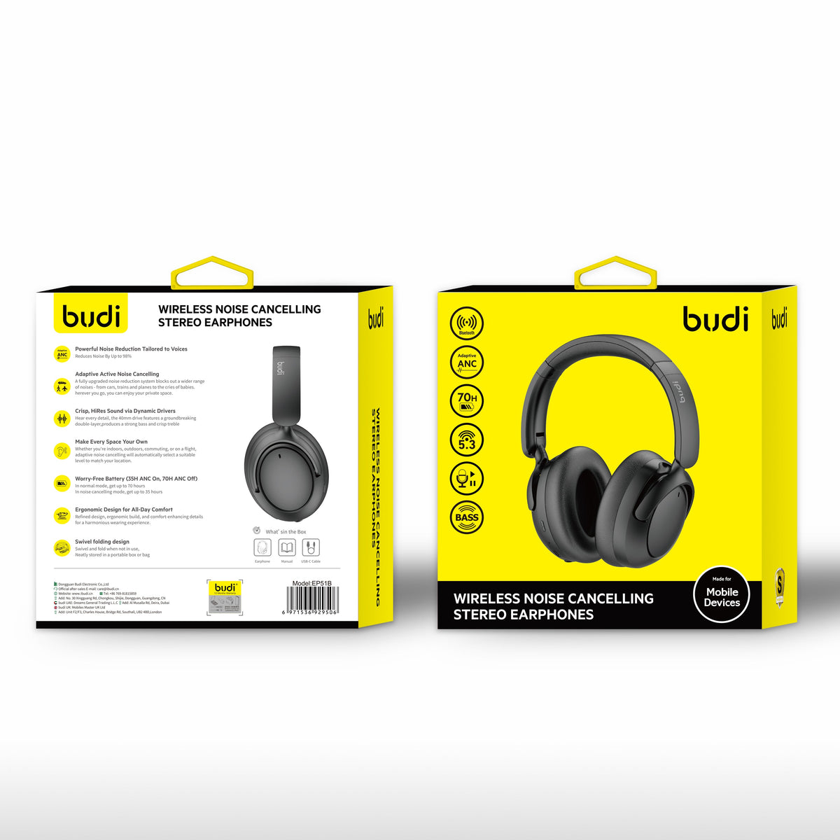 Budi wireless noise-cancelling stereo headphones packaging on a white background