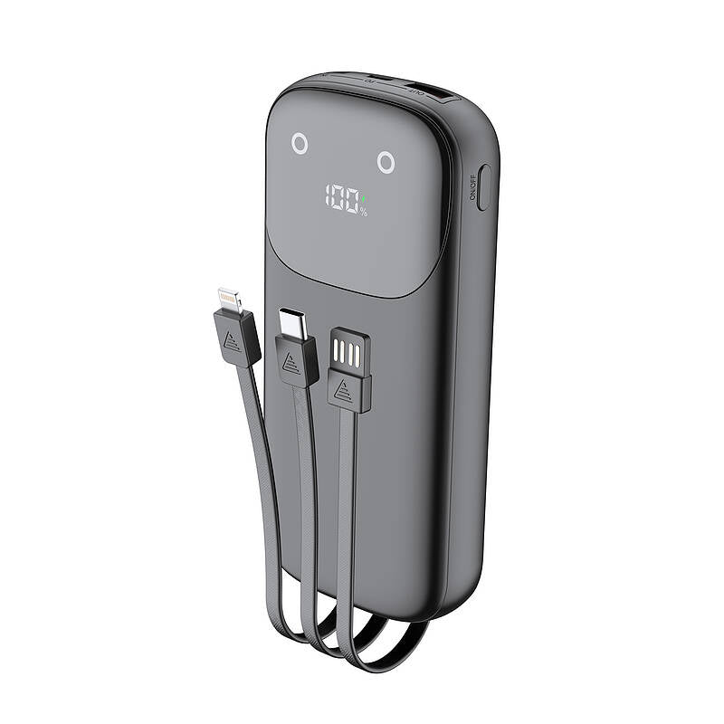 Budi 20,000mAh power bank shown with built-in Type-C, Micro USB, and Lightning charging cables extended