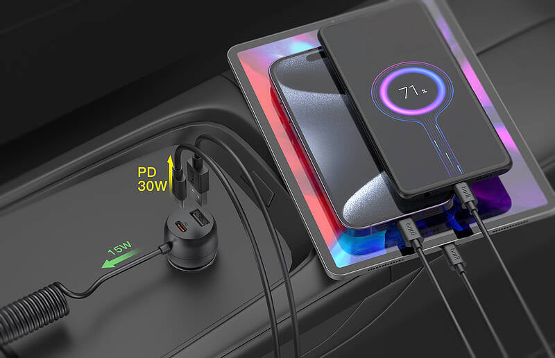 budi 3 in 1 Car Charger with Coiled Cable, PD 30W