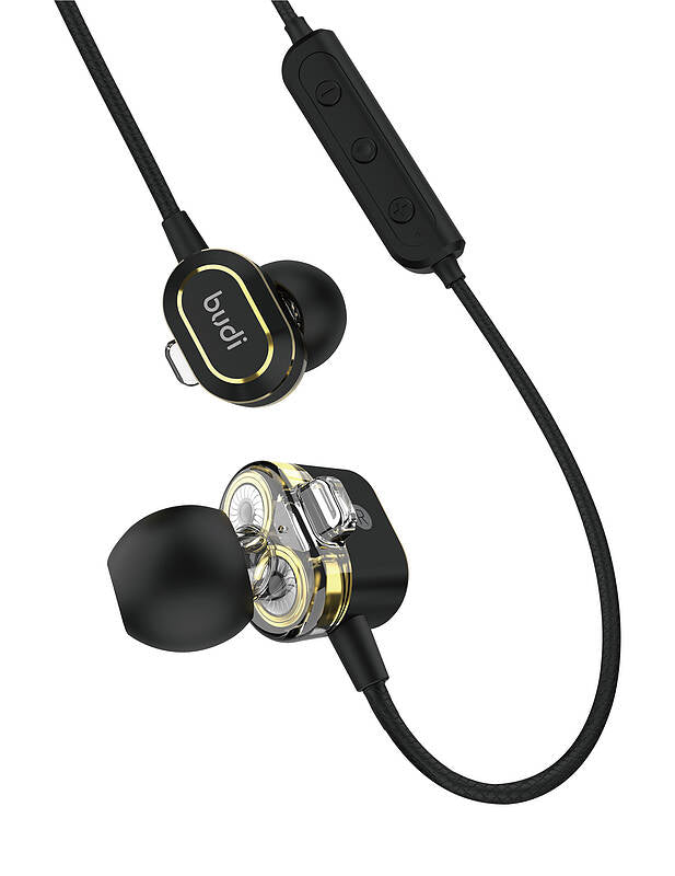 Black in-ear headphones with visible brand 'budi' on a white background