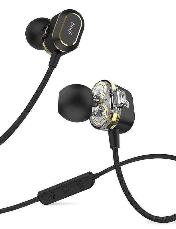 Black in-ear headphones with a clear driver unit on a white background