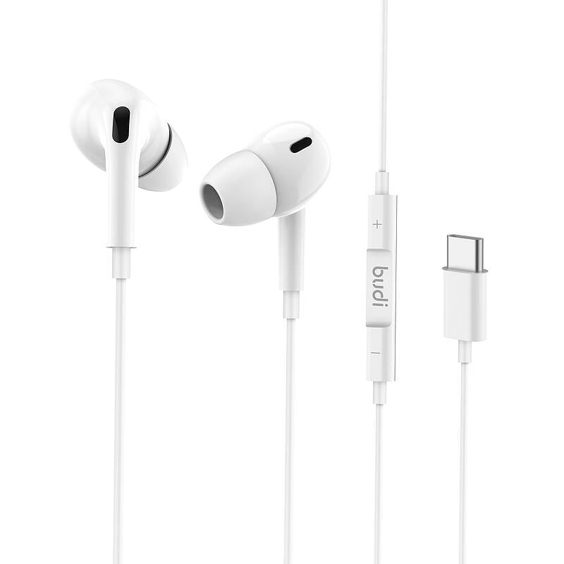 White earphones with USB-C connector on a white background