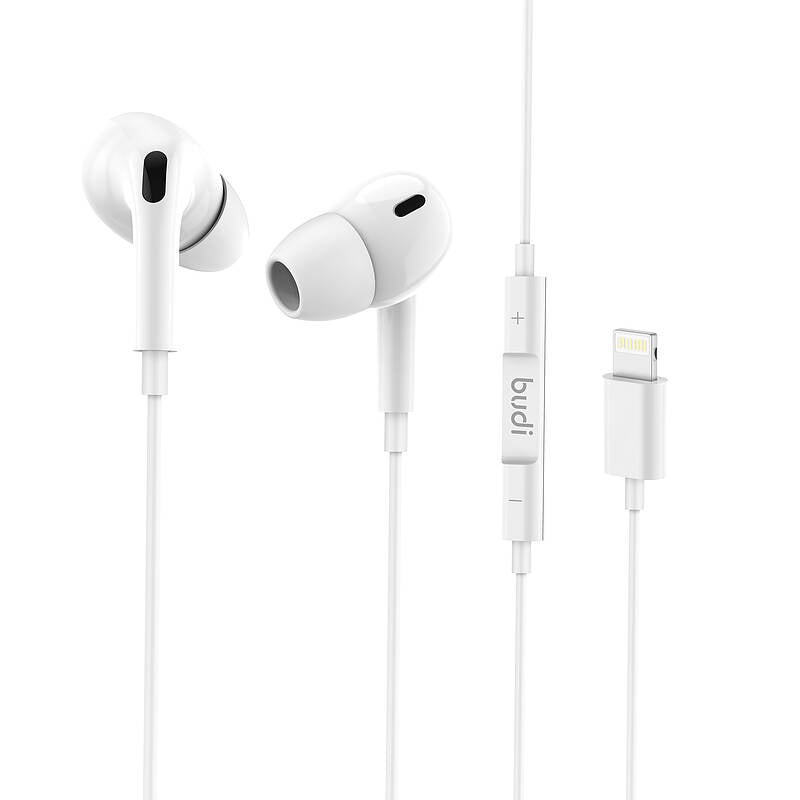 White earphones with a lightning connector on a white background