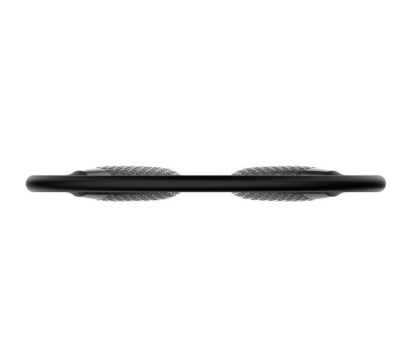 Top view of a black neckband headphone with textured grip ends on a white background