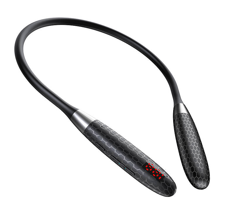 Black and silver neckband with digital display on a white background
