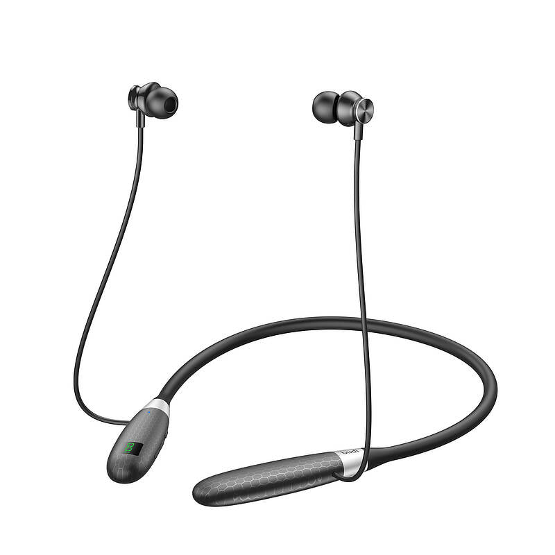 Wireless neckband headphones on a white background