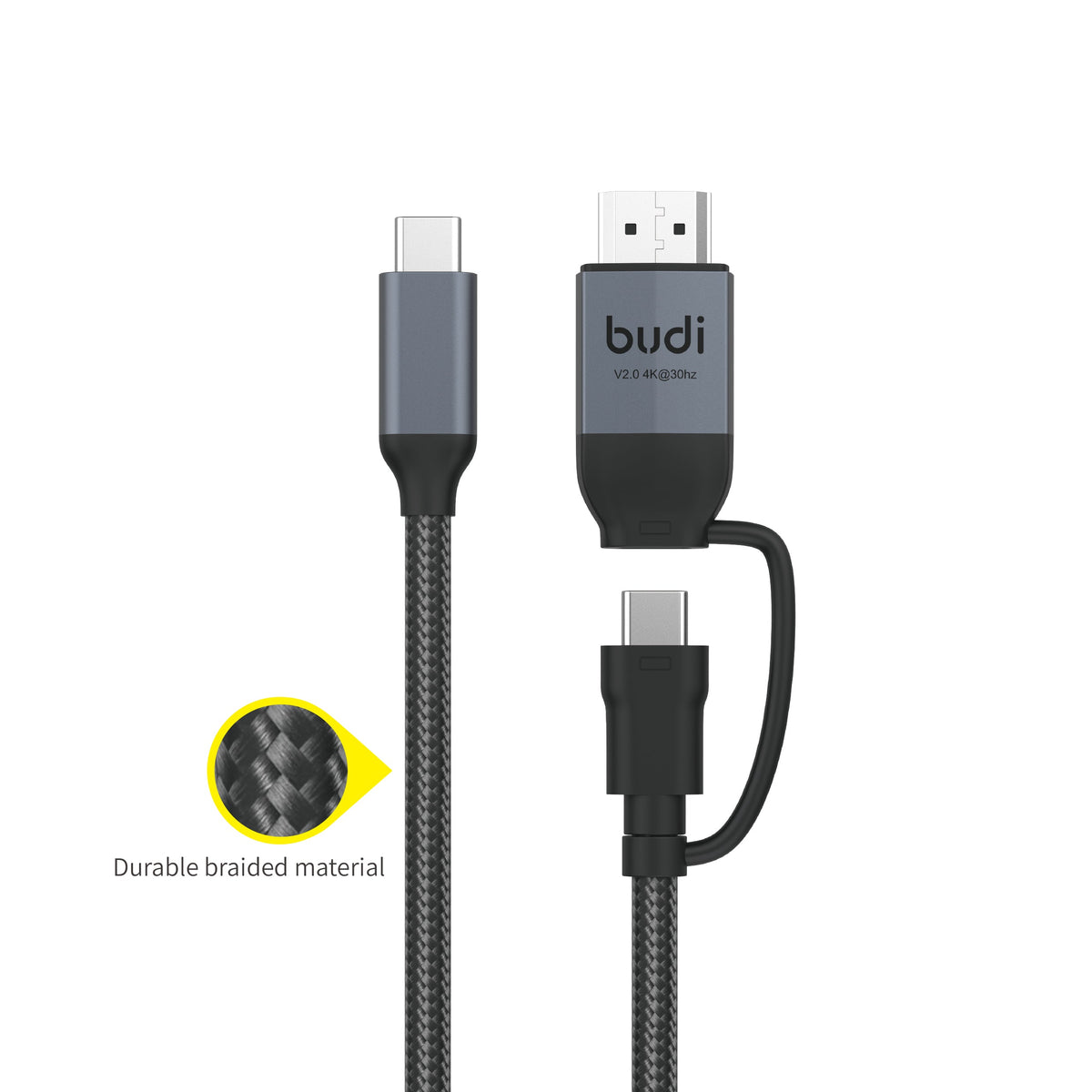 budi 2-in-1 USB-C to HDMI 4K cable with 65W PD USB-C charging port, 2m braided