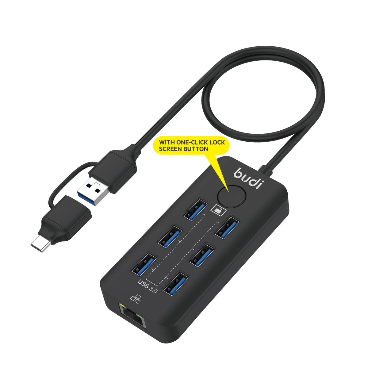 budi 6-port USB 3.0 hub with Ethernet RJ45 port, 2-in-1 USB-C and USB-A plug and one-click lock screen button