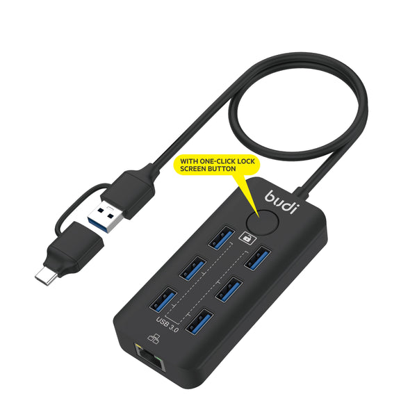 budi - 6-Port USB 3.0 Hub with Ethernet RJ45 & One-Click Lock Screen Button