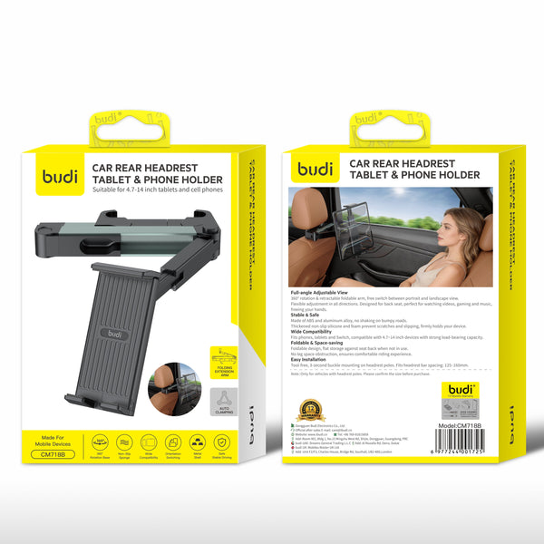 budi - Car Rear Headrest Tablet & Phone Holder, Foldable Extension Arm (4.7–14")