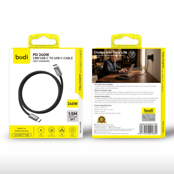 budi - PD 240W 1.5M USB-C to USB-C Braided Fast Charging Cable