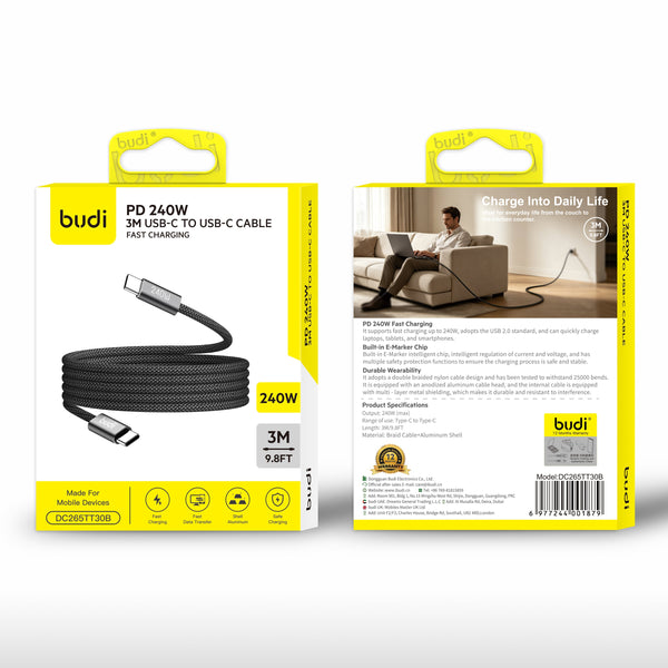budi - PD 240W 3M USB-C to USB-C Braided Fast Charging Cable