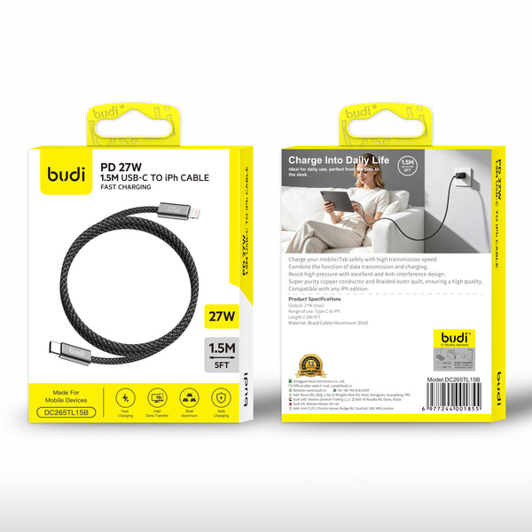 budi - PD 27W 1.5M USB-C to Lightning Braided Fast Charging Cable